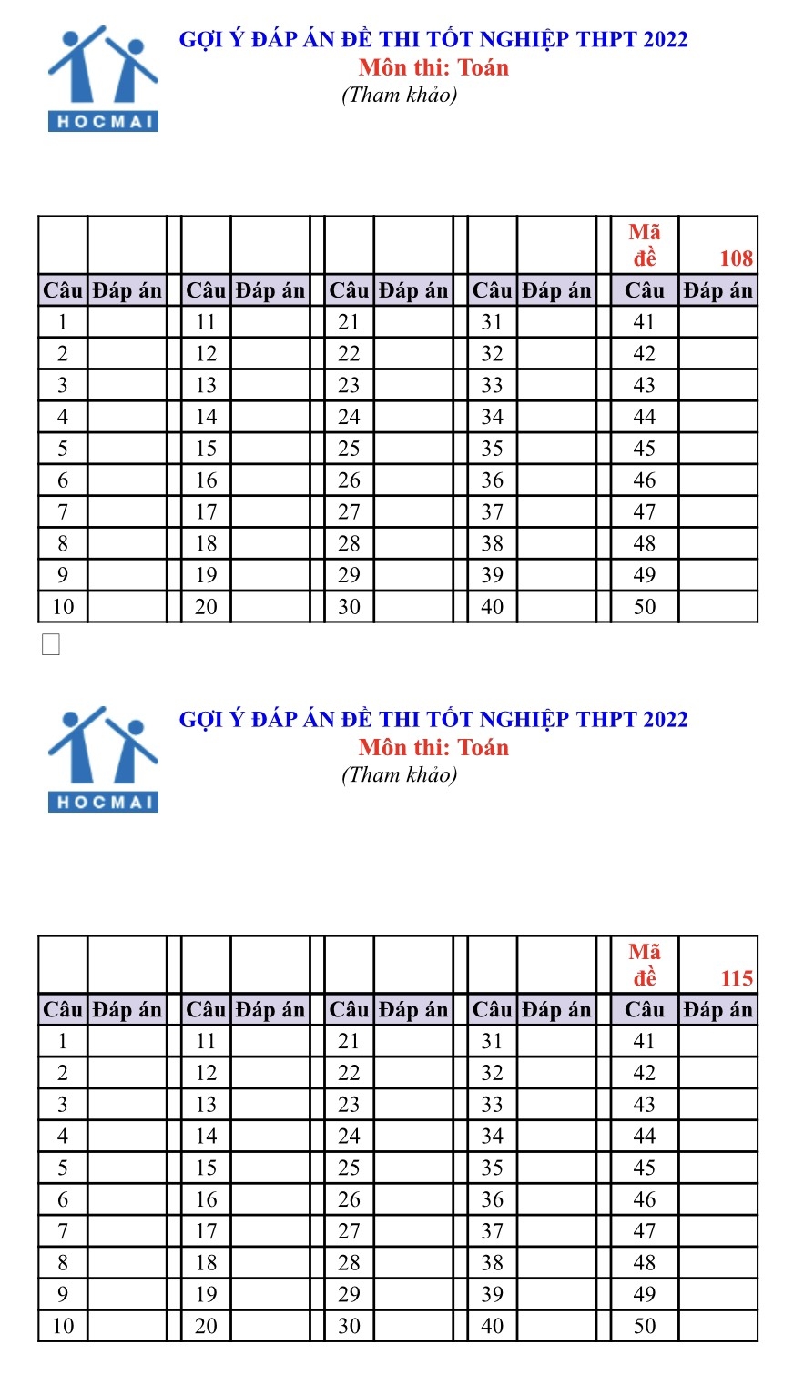 Gợi ý đáp án môn Toán kỳ thi tốt nghiệp THPT 2022