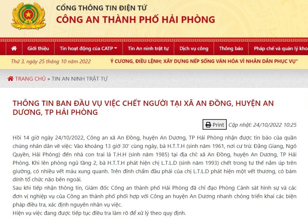 Công an Hải Phòng thông tin về vụ giết người ở xã An Đồng