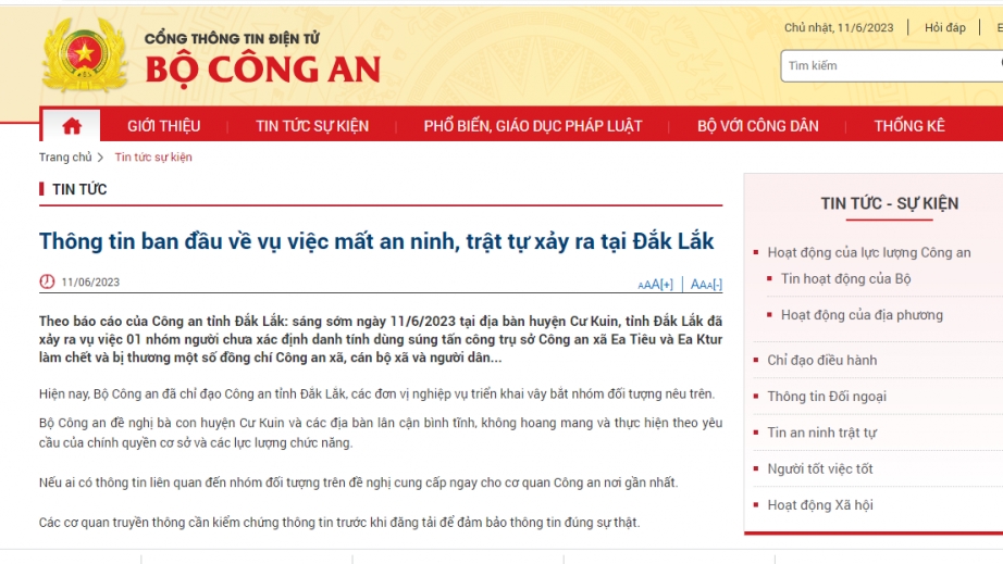 Bộ Công an thông tin ban đầu về vụ việc mất an ninh, trật tự xảy ra tại Đắk Lắk