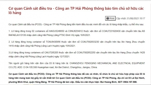 Cơ quan Cảnh sát điều tra - Công an TP Hải Phòng thông báo tìm chủ sở hữu các lô hàng