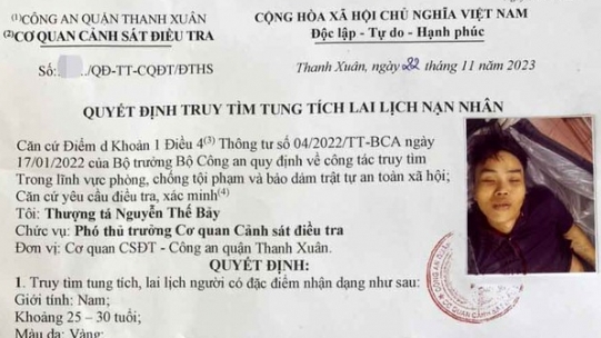 Truy tìm tung tích lai lịch nạn nhân tử vong trên tay có hình xăm chữ "HẬN NGƯỜI"