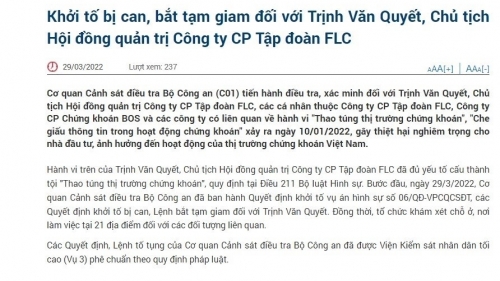 Khởi tố bị can, bắt tạm giam Chủ tịch Hội đồng quản trị Công ty CP Tập đoàn FLC