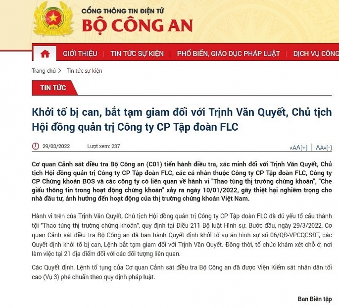 Khởi tố bị can, bắt tạm giam đối với Trịnh Văn Quyết, Chủ tịch Hội đồng quản trị Công ty CP Tập đoàn FLC