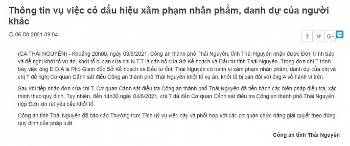 Công an Thái Nguyên thông tin chính thức vụ Phó giám đốc Sở bị tố sàm sỡ nữ nhân viên