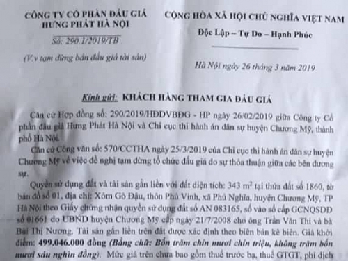 Cty CP Đấu giá Hưng Phát Hà Nội dừng phiên đấu giá trái luật?